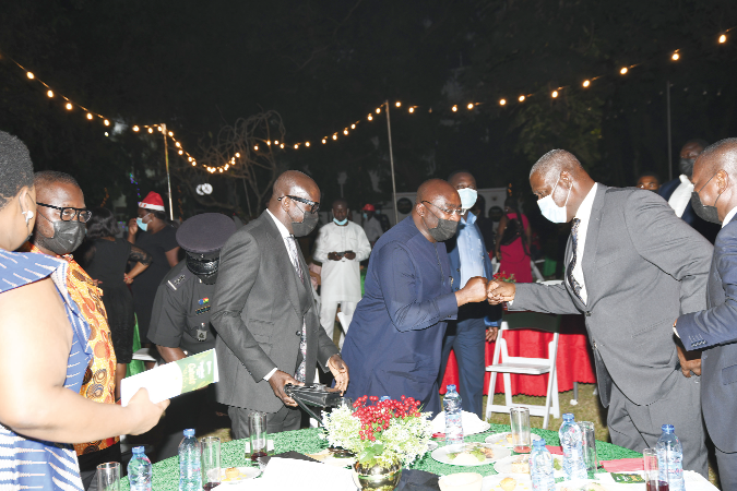 Vice-President Mahamudu Bawumia exchanging greetings with Mr Justice Anin Yeboah, Chief Justice, during the event. With them are Mr Godfred Dame (3rd from left), Minister of Justice and Attorney-General, and Mr Asenso-Boakye (left), Minister of Works and Housing. Picture: EBOW HANSON