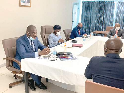 Mr Giscard Lilian Ogoula (left), Secretary-General of the Union of African Shippers’ Council, addressing the preparatory meeting. With him are Ms Benonita Bismarck (middle), Chief Executive Officer of the Ghana Shippers Authority, and Mr Catarino Fontes Pereira (right)