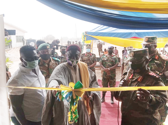  Maj. Gen. Thomas Oppong-Peprah (right), Nana Alhaji Mahamadu A. Azonto, Gumbo Naba (mddle), and Mr Francis Osei Bonsu inaugurating the accomodation project