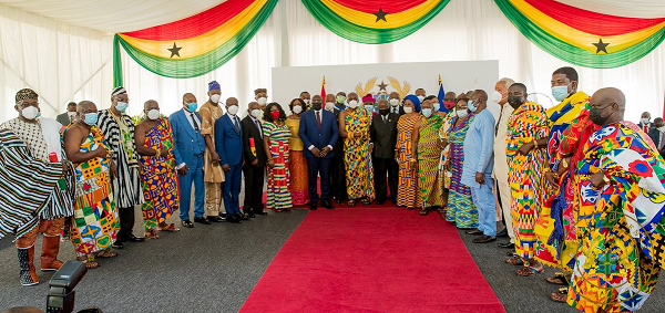 President Akufo-Addo (arrowed) with members of the 8th Council of State at the Jubilee House in Accra. Picture: SAMUEL TEI ADANO