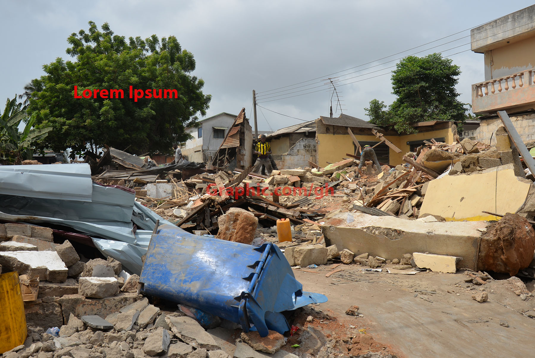 A demolished building. Inset: Madam Ernestina Agyekum, one of the affected persons. Picture: ALBERTA MORTTY