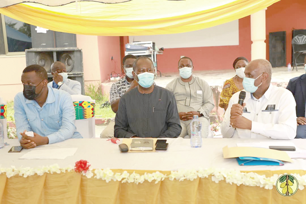 Mr Joseph Boahen Aidoo (middle), CEO of COCOBOD; Dr Koffi N'goran (right), Deputy Director-General of Le Conseil Du Café-Cacao (CCC), and Mr Kwabena Okyere Darko-Mensah, former Minister, Western Region, during the joint meeting at Half Assini