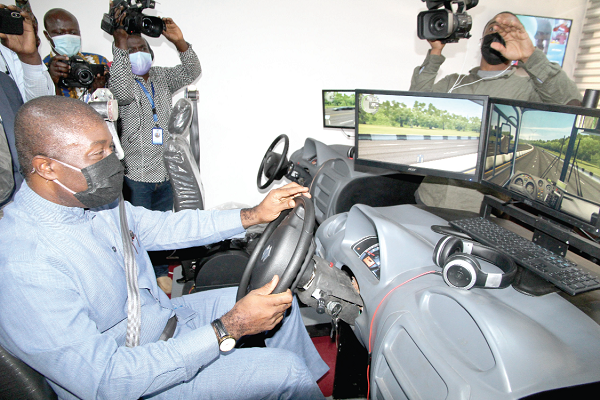 Nana Akomea demonstrating the use of a simulator.  Picture: ESTHER ADJEI