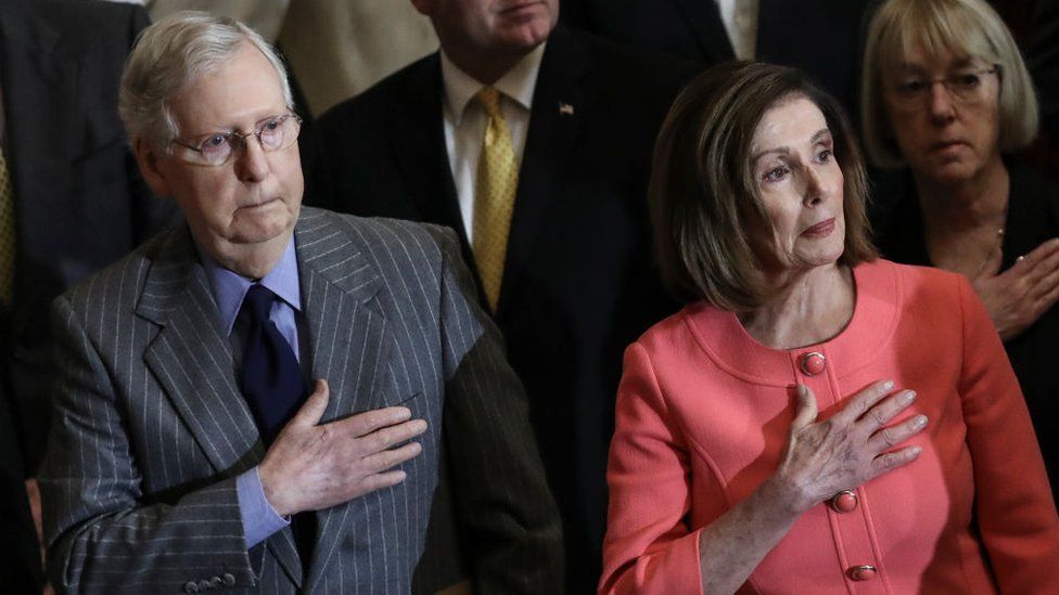 Republican Mitch McConnell is the Senate majority leader, while Democrat Nancy Pelosi is the House Speaker