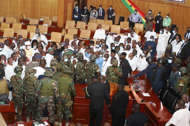 Opposition members of Parliament, as they sang to show resistance to the army in Parliament on January 7, 2021