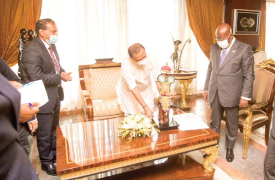  Mr Shri V.  Muraleedharan (middle) conveyed India’s well wishes to President Akufo-Addo in their meeting in Accra