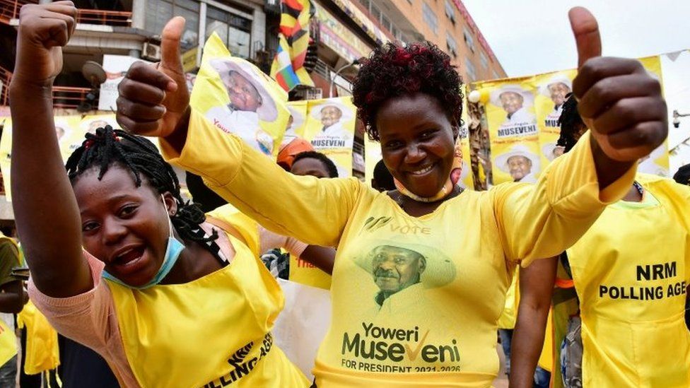 Museveni supporters celebrated in the capital Kampala after the poll results were announced