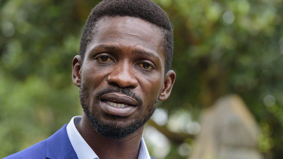 image captionBobi Wine has been under house arrest with his wife since the election