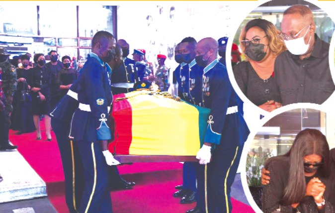 Pallbearers carrying the remains of former President Jerry John Rawlings from the Accra International Conference Centre after the first day of viewing. INSET: Some mourners shedding tears. Pictures: EBOW HANSON 
