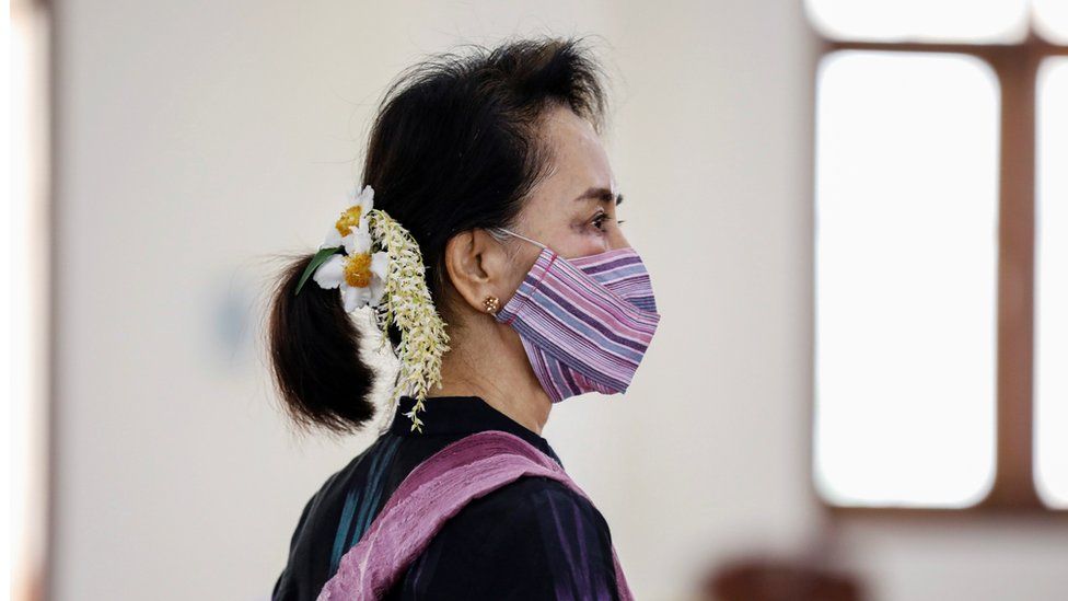 Aung San Suu Kyi, seen here at a coronavirus vaccination clinic in January, is Myanmar's de facto leader. PHOTO CREDIT: REUTERS