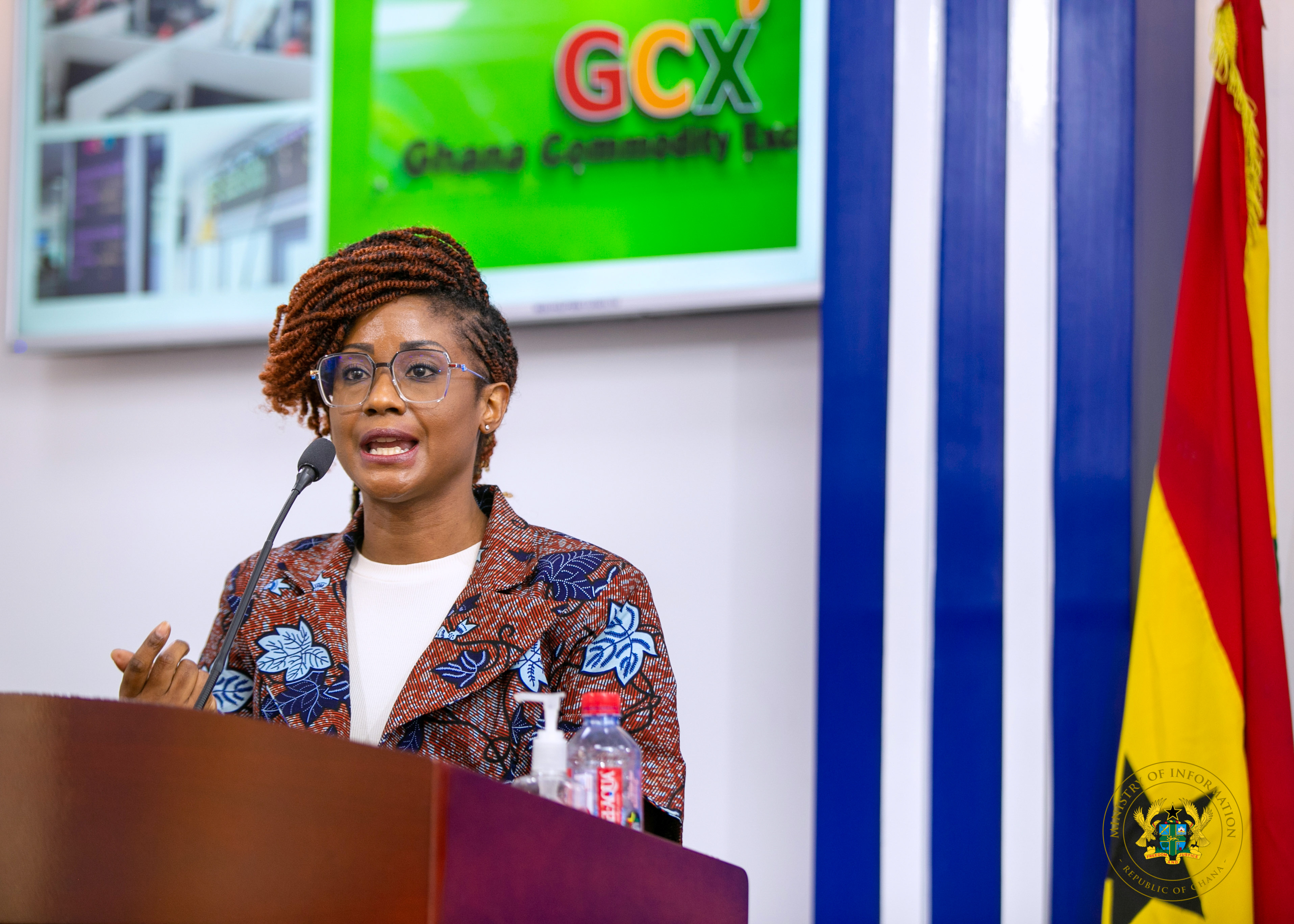 Mrs Tucci Goka Ivowi, Chief Executive Officer of the Ghana Commodity Exchange, addressing the press. Picture: GABRIEL AHIABOR