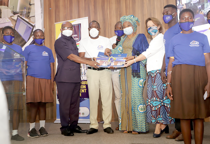 Dr Afisah Zakariah (4th right), Chief Director, Ministry of Gender, Children and Social Protection; Madam Anne-Claire Dufay (3rd right), UNICEF Country Representative; Dr Nana Ato Arthur (3rd left), Head of Local Government Service, and other dignitaries launching the Inter-Sectorial Standard Operating Procedures for Child Protection and Family Welfare at the ceremony. Picture: EDNA SALVO-KOTEY