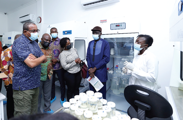 A researcher at the WACCI explaining some points to Mr Hailemariam Desalegn (left), former Prime Minister of Ethiopia and Board Chairman of AGRA, and his team. Picture: NII MARTEY M. BOTCHWAY