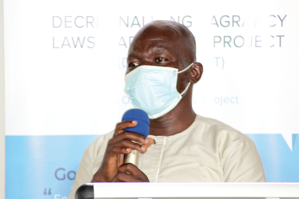 • Dr. George Asekere addressing the crime check foundation workshop on vagrant laws in Accra.