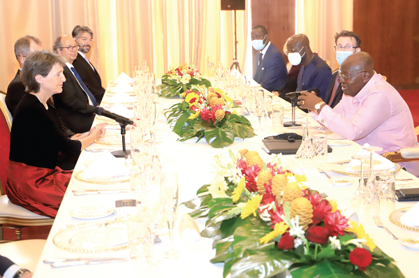 President Akufo-Addo in a discussion with Ms Simonetta Sommaruga (left), former President of the Swiss Confederation, and members of her delegation at the Jubilee House. Picture: SAMUEL TEI ADANO