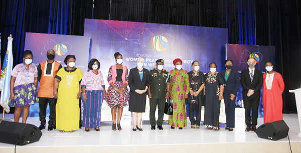 Maj Gen Francis Ofori (middle), Commandant, Kofi Annan International Peacekeeping Training Centre, with Madam Stephanie Sulivan (6th left), US Ambassador to Ghana, and  some other officials present. Picture: ESTHER ADJEI