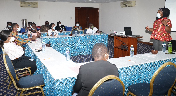 Madam Bashiratu Kamal (right), a Consultant to FIDA on women and girls safety during emergency situations in Ghana, in a discussion with participants during the dialogue. Picture: EDNA SALVO-KOTEY