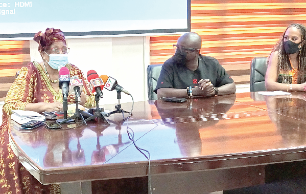 • Prof. Esi Sutherland-Addy (left), Chairperson of the International Board of Trustees for the PANAFEST Foundation, addressing the press. With her are Mr Akwasi Agyeman  (middle), Chief Executive Officer of the Ghana Tourism Authority and Ms Tanya Sam (right), Television Personality