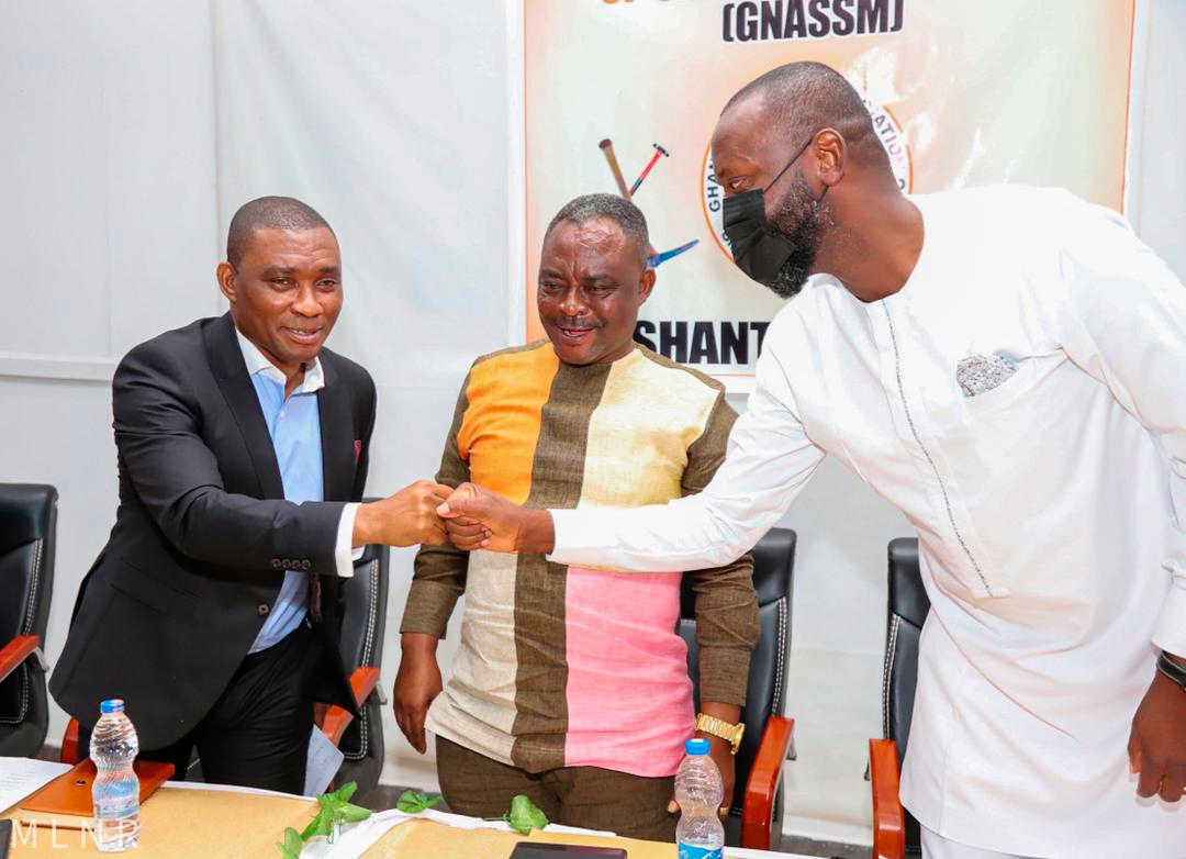  Mr George Mireku Duker (left), the Deputy Minister of Lands and Natural Resources, exchanging pleasantries with the General Secretary of GNASSM, Mr Godwin Arman