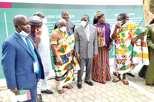 Mr Alban Bagbin (3rd right), Speaker of Parliament, interacting with some of the participants in the meeting. They include Mr Sampson Ahi (left), MP for Bodi; Mrs Mamunatu Ibrahima (2nd right), Deputy Speaker of the ECOWAS Parliament; Mr Afenyo-Markin (right), the Head of Ghana's delegation to the ECOWAS Parliament; Neenyi Ghartey VII (4th left), President of the Efutu Traditional Council; Dr Tunis (2nd left), President of the ECOWAS Parliament and Mr Mahama Ayariga (arrowed) MP for Bawku Central