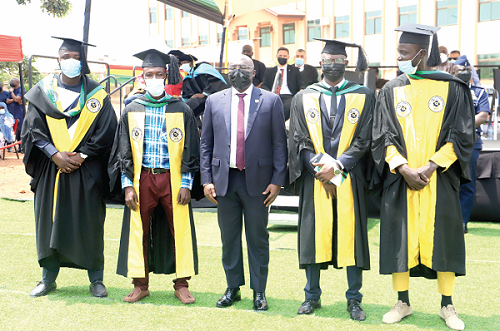 Vice President Dr Mahamudu Bawumia (middle) with students who obtained  First Class honours at the graduation ceremony. They are: (from left to right) Ahmad Bara, Mohammed Awal Hamza, Mohammed Bamba and Iddrisu Maduga. Picture: Samuel Tei Adano