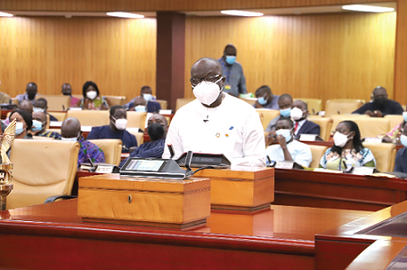 Mr Ken Ofori-Atta, the Minister of Finance, presenting the Mid-year budget to Parliament in Accra. Picture: GABRIEL AHIABOR