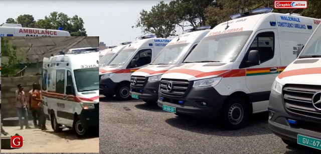 Photo: The Ambulances being branded ahead of distribution a year-and-half ago, while inset: the ambulance being used to cart bags of cement