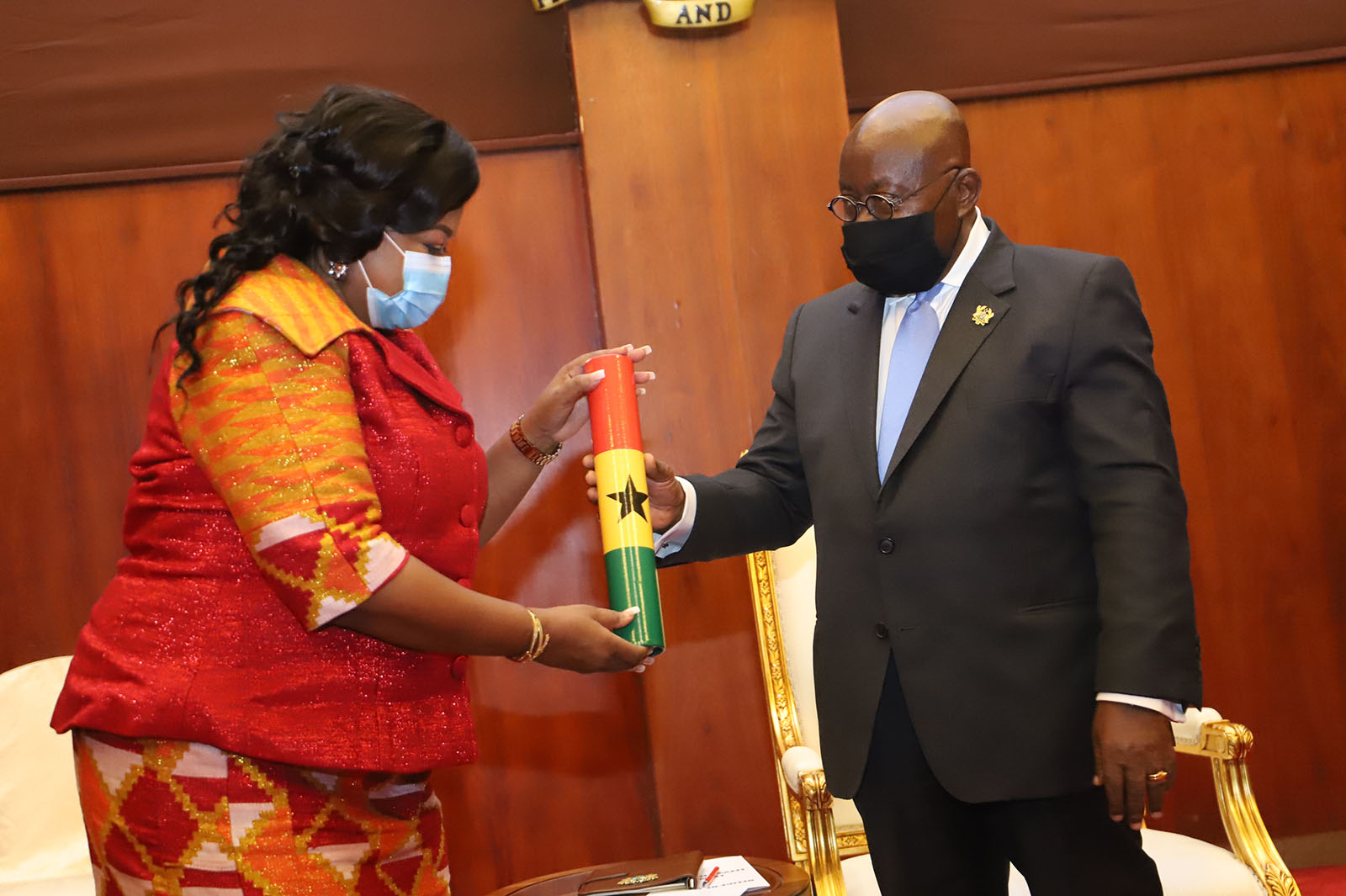 Mrs Sylvia Naa Adaawa Annoh, Denmark receiving her credentials from President Akufo-Addo. PICTURES BY SAMUEL TEI ADANO