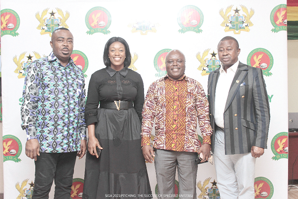 • Mr Stephen Asamoah-Boateng (left), Director-General of SIGA; Ms Hollister Duah Yentumi (2nd left), General Manager, Operations at SIGA; Mr Joseph Cudjoe (2nd right), Minister of Public Enterprises and Mr Andrews Frimpong, General Manager, Admin & Finance at SIGA, at the media engagement  