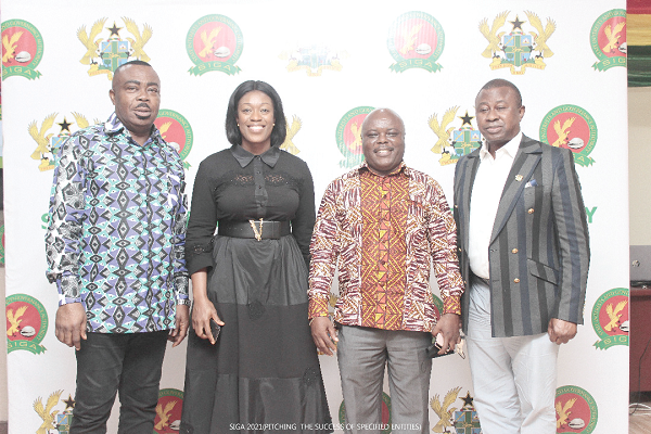 • Mr Stephen Asamoah-Boateng (left), Director-General of SIGA; Ms Hollister Duah Yentumi (2nd left), General Manager, Operations at SIGA; Mr Joseph Cudjoe (2nd right), Minister of Public Enterprises and Mr Andrews Frimpong, General Manager, Admin &amp; Finance at SIGA, at the media engagement  