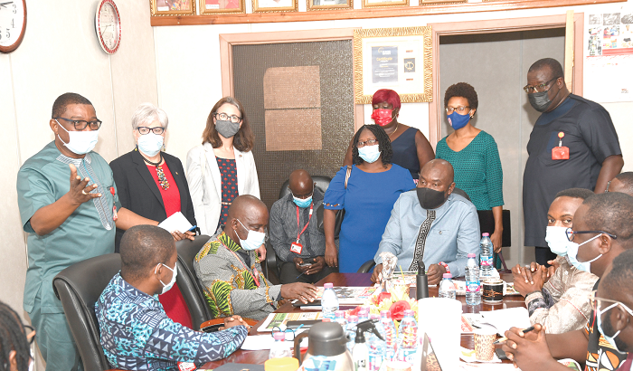 Mr Kobby Asmah (left), Editor, Daily Graphic, introducing members of the Editorial conference to Mrs Stephanie Sullivan (2nd left), US Ambassador to Ghana, during her visit to the offices of the Graphic Communications Group Limited. Picture: EBOW HANSON	