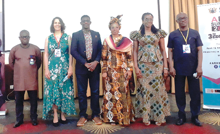 Dr Leticia Adelaide Appiah (2nd right) Executive Director of the National Population Council, Dr Afisah Zakaria, (3rd right) Chief Director, Ministry of Gender, Children & Social Protection, and some dignitaries at the opening of the third national adolescent reproductive health summit