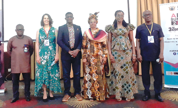 Dr Leticia Adelaide Appiah (2nd right) Executive Director of the National Population Council, Dr Afisah Zakaria, (3rd right) Chief Director, Ministry of Gender, Children &amp; Social Protection, and some dignitaries at the opening of the third national adolescent reproductive health summit