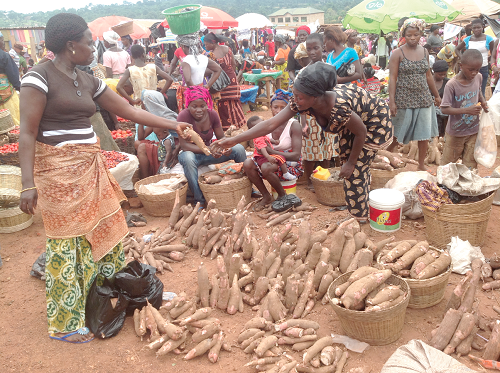 A woman buying cassava at a market