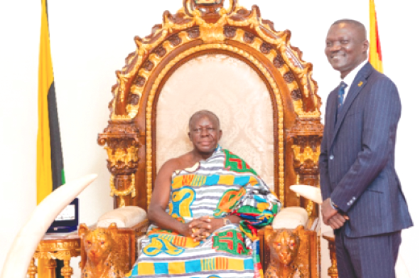 • Mr Victor Yaw Asante (right), MD, FBNBank Ghana, with Asantehene Otumfuo Osei Tutu II during a visit to the Manhyia Palace