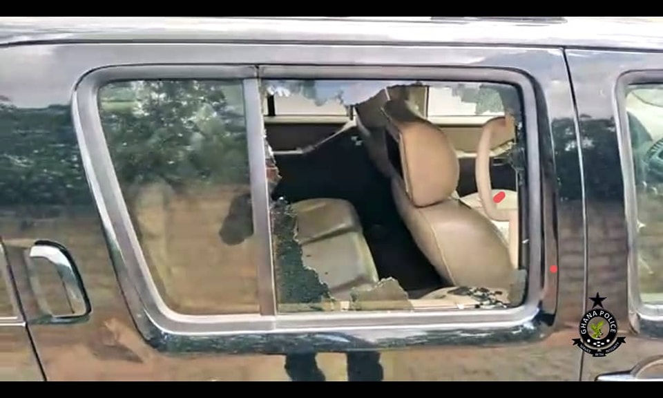 The smashed vehicle door glass. 