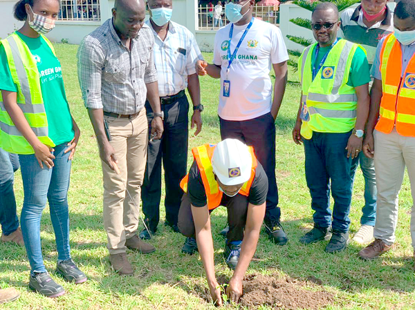 •Mr Emmanuel Lumor, the Volta,Oti Regional Manager of ECG planting a tree at the regional office. Behind him are some staff of the ECG