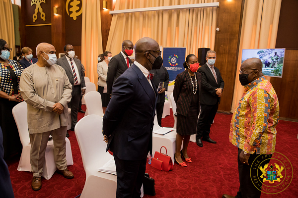 President Akufo-Addo exchanging pleasantries with some CEOs at the launch of the country’s financing road map at the Jubilee House. 