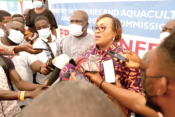 Mrs Mavis Hawa Koomson, Minister of Fisheries and Aquaculture Development, explaining a point to journalists after the event. Picture: EDNA SALVO-KOTEY