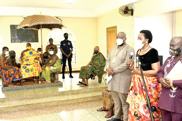 The Asantehene (seated left) with Dr Aisa Kirabo Kacyira  (2nd right), the Rwandan High Commissioner to Ghana, at the Manhyia Palace