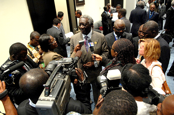 Former President John Agyekum Kufuor (speaking to the press) is credited with expunging the criminal libel from the country’s statutes to deepen media freedom