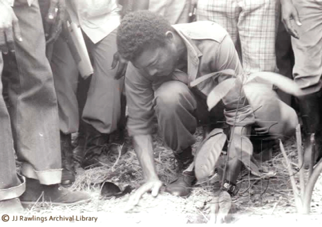 Flashback:  Flt Lt J.J. Rawlings planting a tree to mark the national launch of rehabilitation of burnt cocoa farms at Kwabeng in the Eastern Region, July 1, 1983