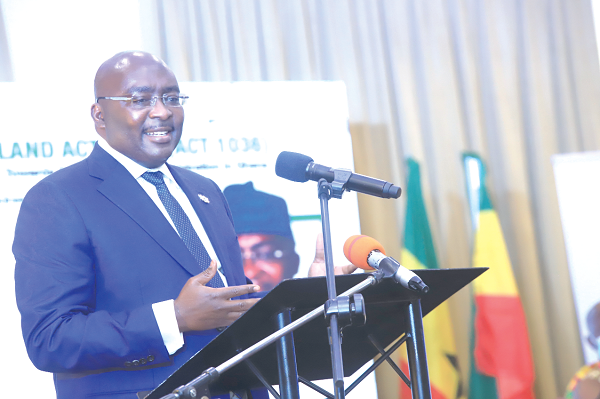  Vice President Dr Mahamudu Bawumia addressing guests at the symposium to launch the Dissemination of the Land Act 2020 in Accra. 