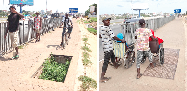 LEFT: An open underground chamber in the middle of a walkway along the Police Training School at Tesano.  RIGHT: Two physically challenged persons being wheeled on the walkway after it had been closed