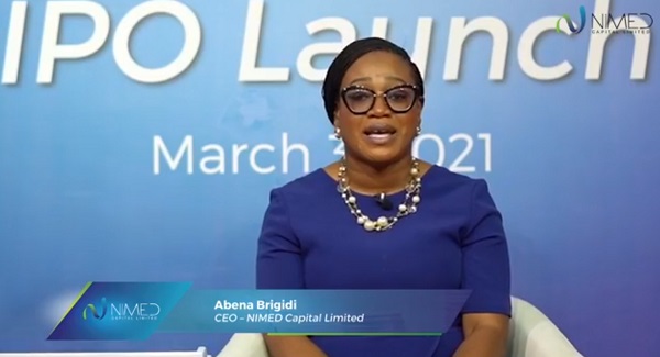 The CEO of NIMED Capital Limited, Abena Brigidi addressing the virtual IPO launch.