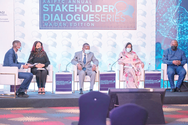 From Left: Mr Benard Avle (Moderator), Madam Fatima Alimohamed, Chairperson, Agribusiness Sector of the Association of Ghana Industries, and CEO, Africa Brand Warrior, Mr Anthony Nyame-Baafi, Technical Advisor of Multilateral, Regional and Bilateral Trade, Ministry of Trade and Industry, Madam Jamila Sedena Abdel Vetah, Senior Advisor to the Secretary General, AfCFTA Secretariat, Mr Ernest Ansah Lartey, Research &amp; Head, Peace and Security Studies Programme, KAIPTC  