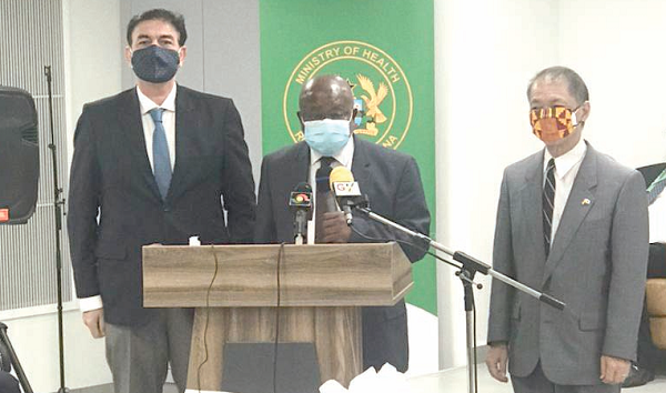 Mr Kwaku Agyemang-Manu (middle), Minister of Health, flanked by Mr Tsutomu Himeno (right), the Japanese Ambassador to Ghana, and Mr Fakhruddin Azizi, the UNIDO Country Representative in Ghana, launching the project