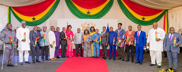 President Akufo-Addo (arrowed) with regional ministers after the swearing-in ceremony at the Jubilee House. Picture: SAMUEL TEI ADANO