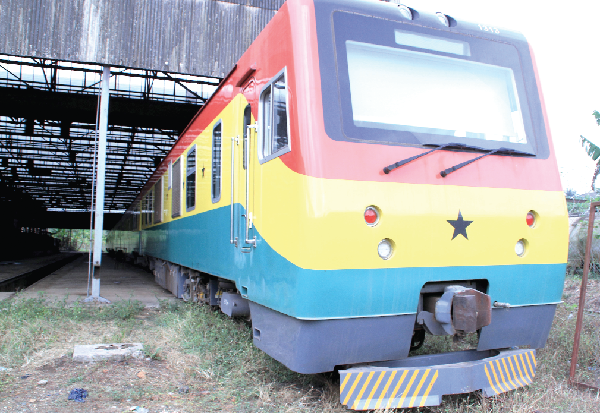 One of the two modern trains running the Sekondi-Takoradi route under a shed at the railway yard in Sekondi
