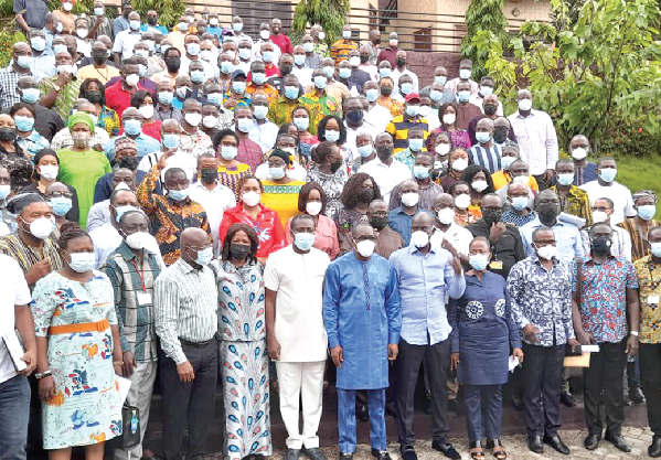 Mr Bagbin (6th left), Speaker of Parliament, with Mr Kyei-Mensah-Bonsu (3rd left), Minister of Parliamentary Affairs; Mr Haruna Iddrisu (5th right), the Minority Leader; Mr Alexander Afenyo-Markin (5th right), Deputy Majority Leader, and the MPs